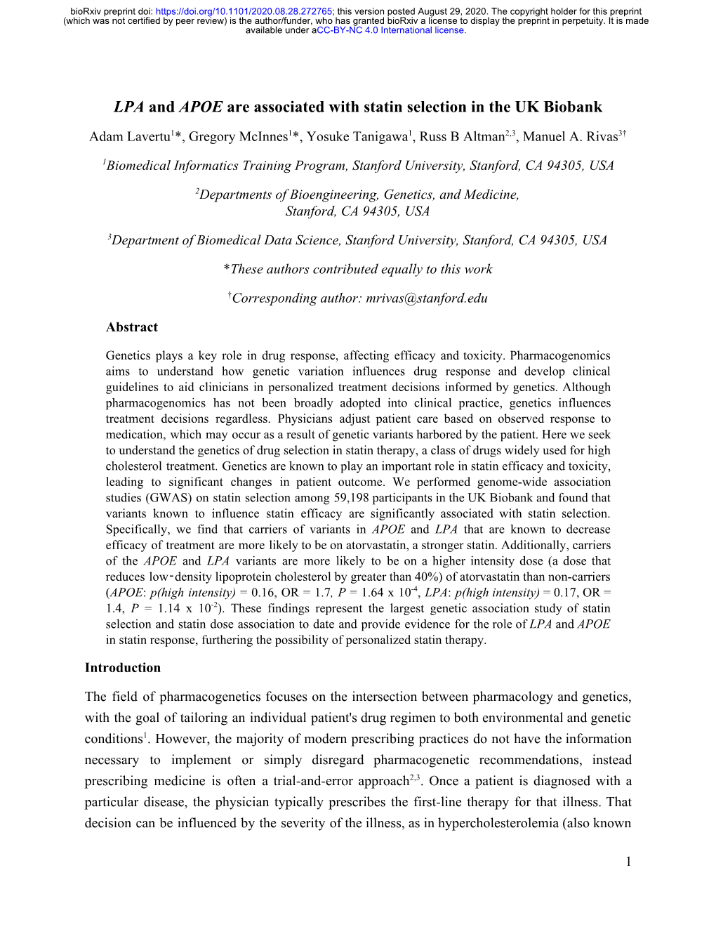 LPA and APOE Are Associated with Statin Selection in the UK Biobank