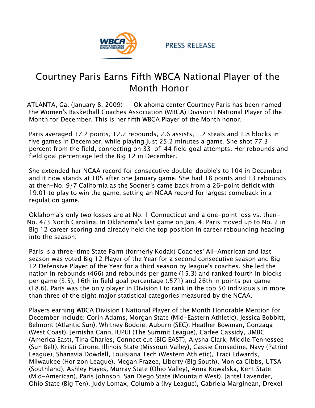 Courtney Paris Earns Fifth WBCA National Player of the Month Honor
