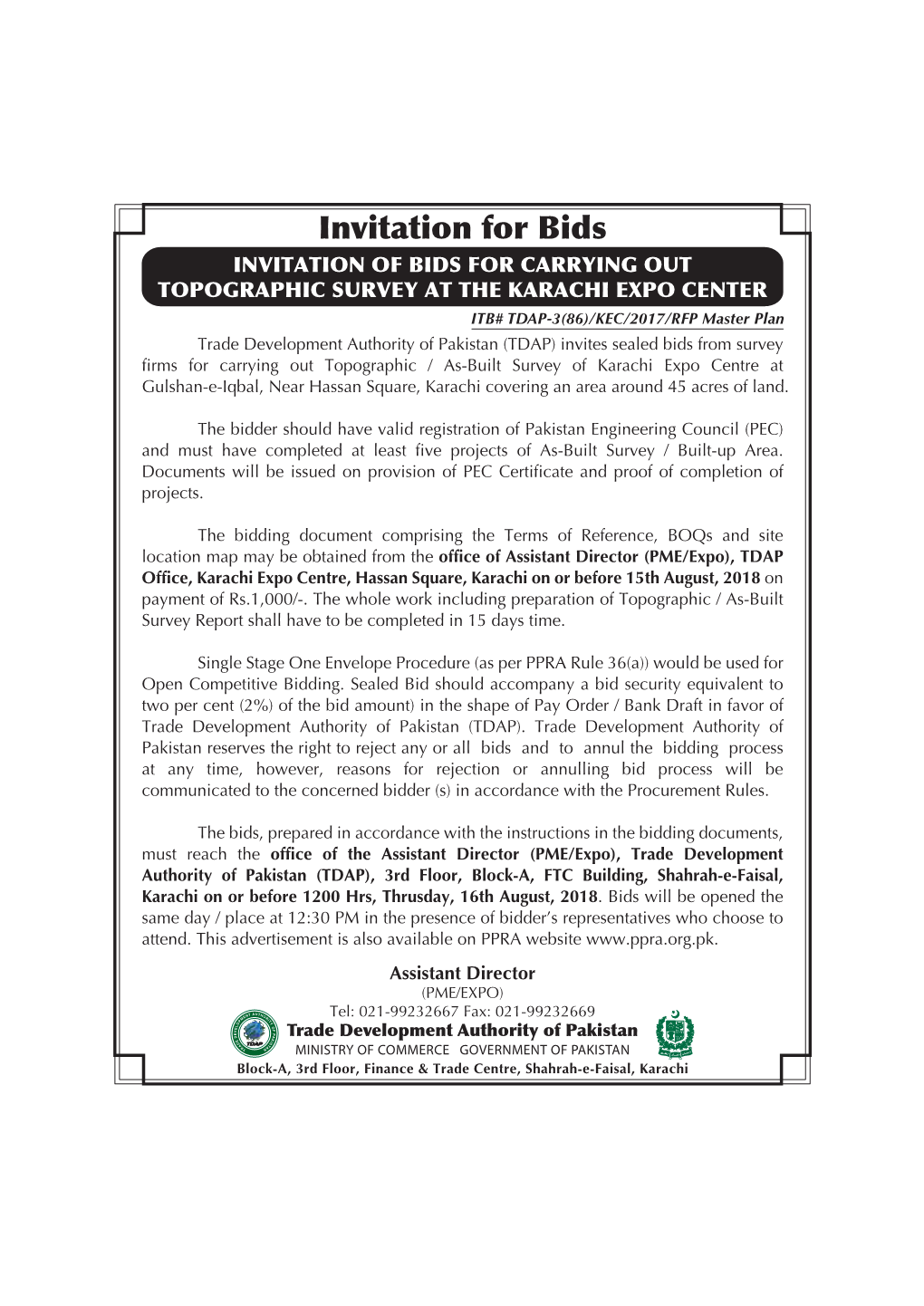 Tender Notice for Topographic Survey at the Karachi Expo Center