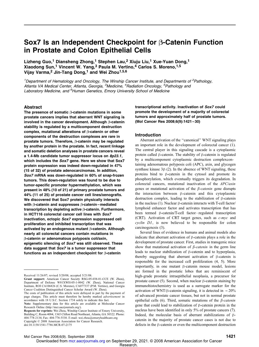 Sox7 Is an Independent Checkpoint for B-Catenin Function in Prostate and Colon Epithelial Cells