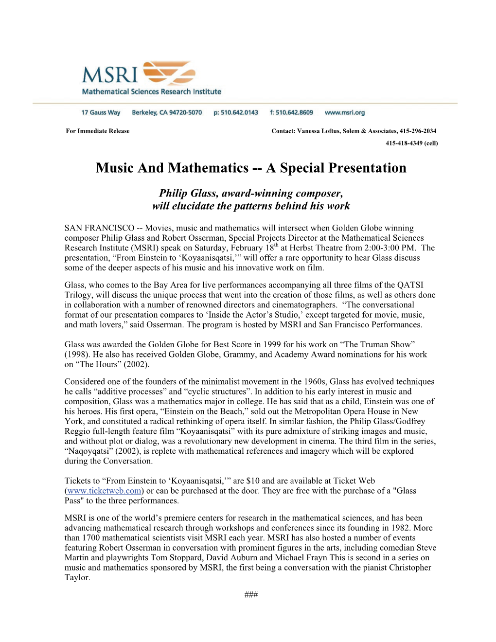 Music and Mathematics -- a Special Presentation