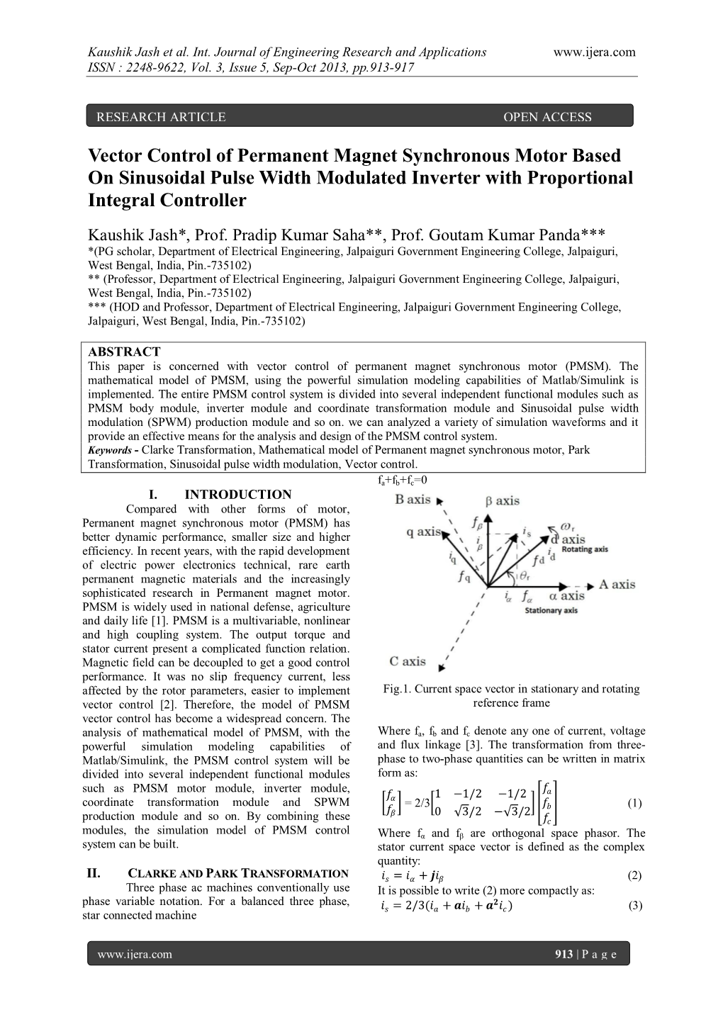 Vector Control of Permanent Magnet Synchronous Motor Based on Sinusoidal Pulse Width Modulated Inverter with Proportional Integral Controller