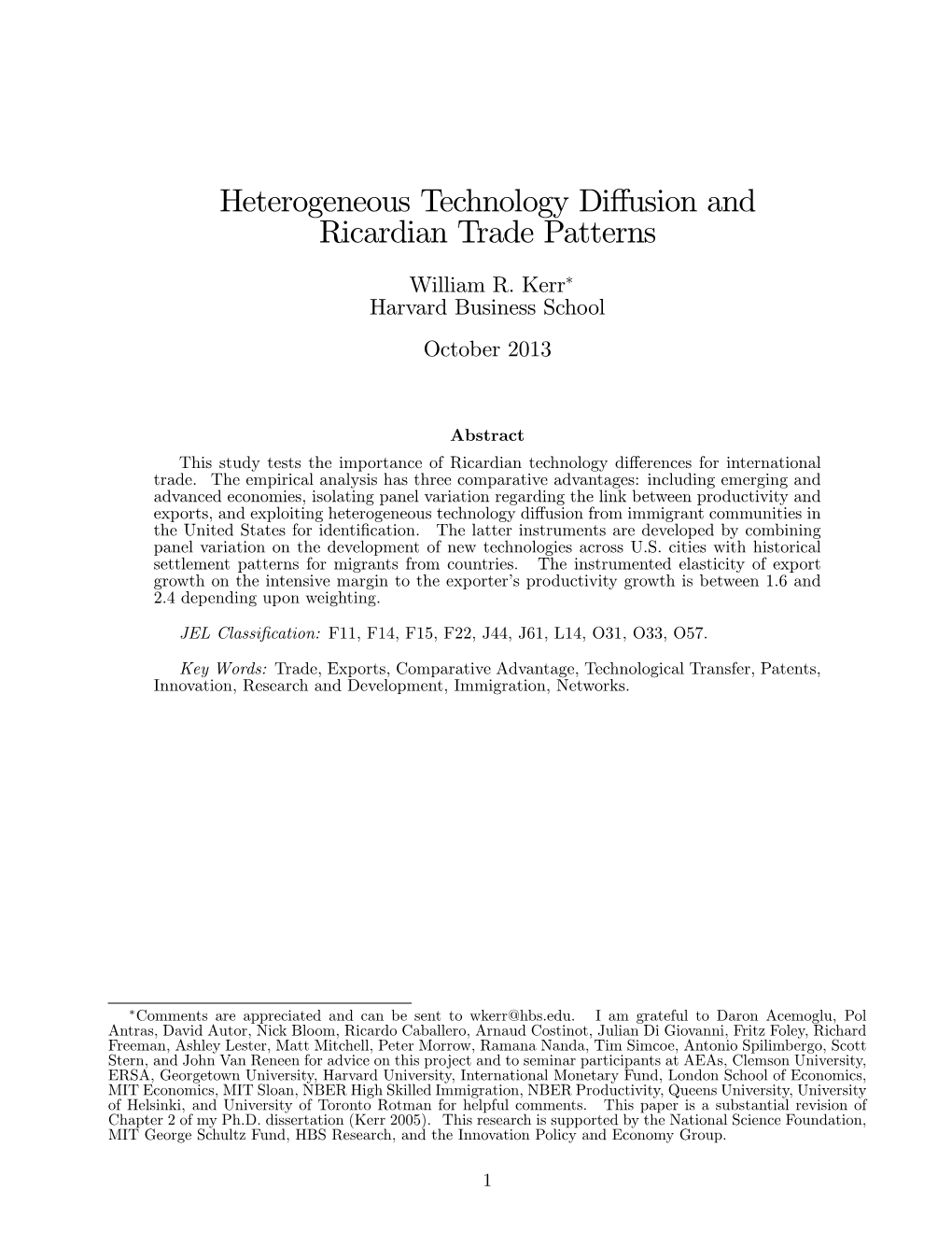 Heterogeneous Technology Diffusion and Ricardian Trade Patterns