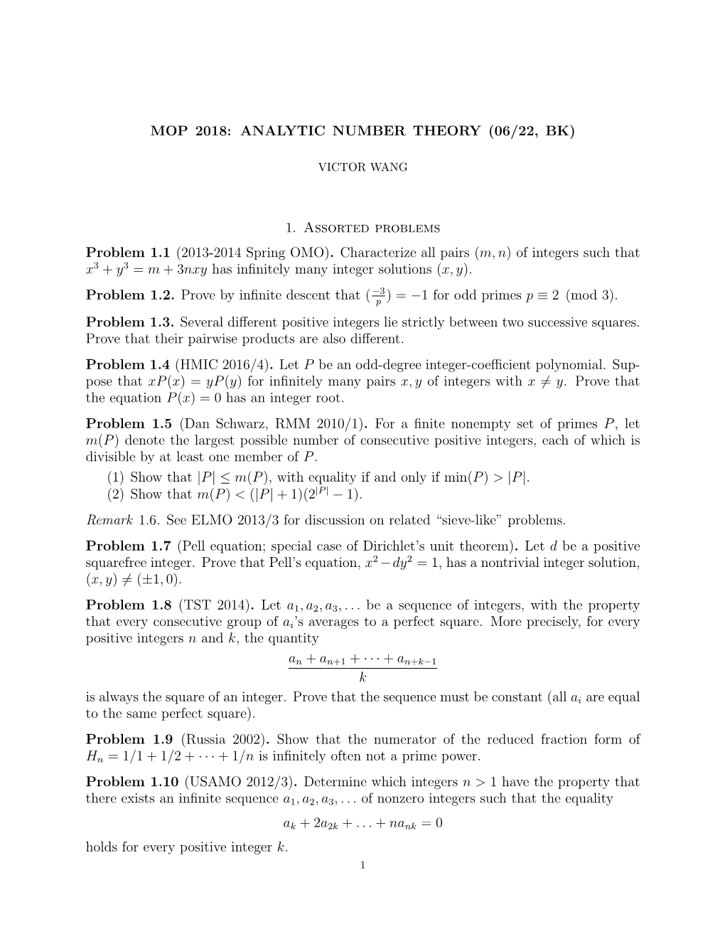 MOP 2018: ANALYTIC NUMBER THEORY (06/22, BK) 1. Assorted Problems Problem 1.1 (2013-2014 Spring OMO). Characterize All Pairs