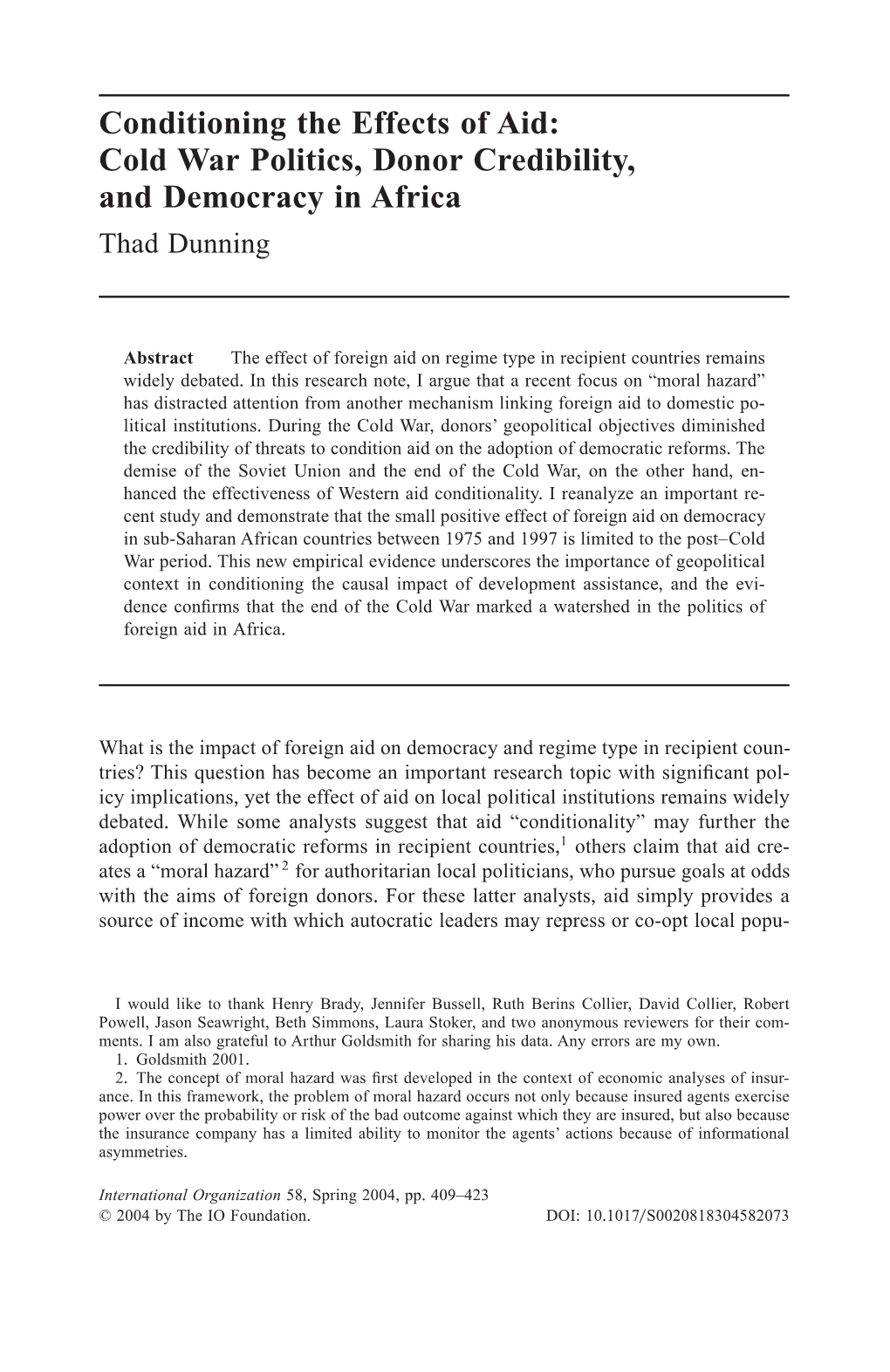 Cold War Politics, Donor Credibility, and Democracy in Africa Thad Dunning