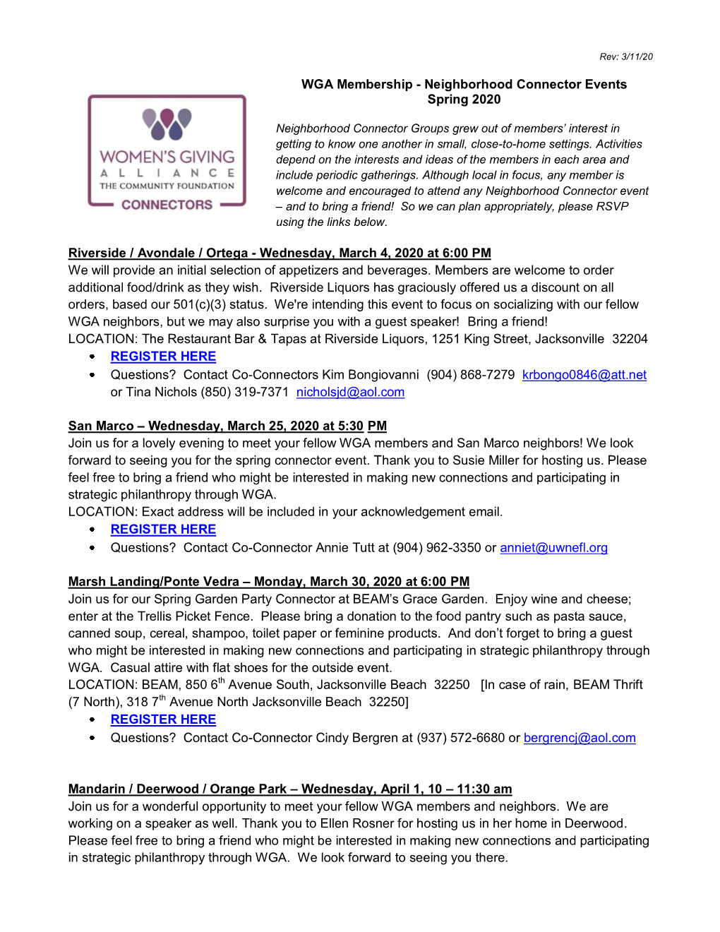 WGA Membership - Neighborhood Connector Events Spring 2020