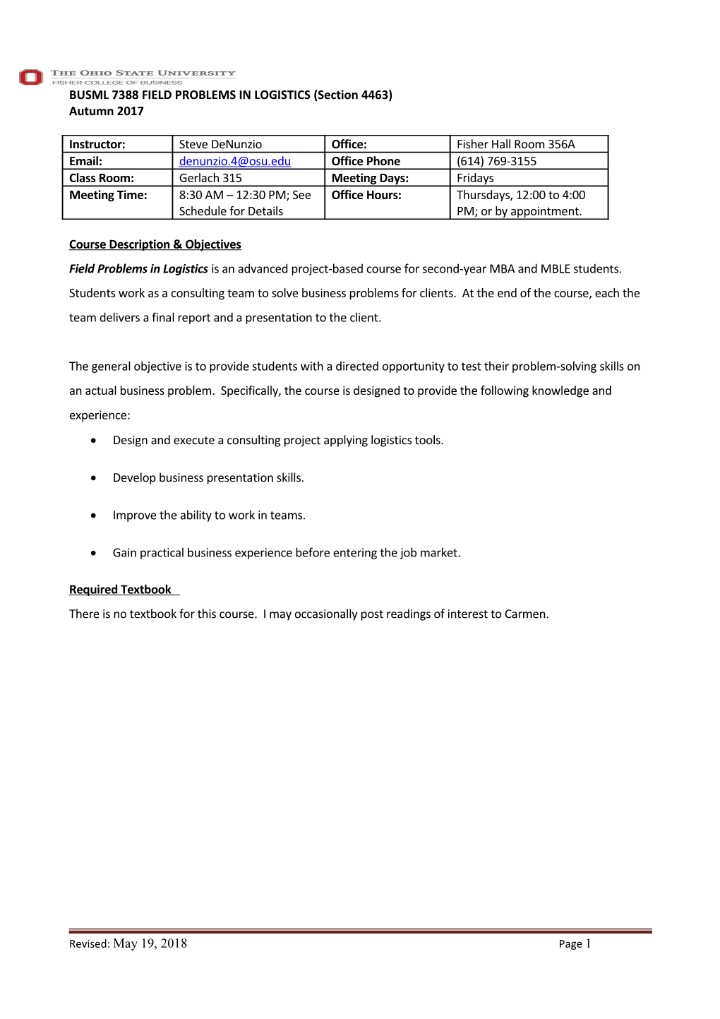 BUSML 7388 FIELD PROBLEMS in LOGISTICS (Section 4463)