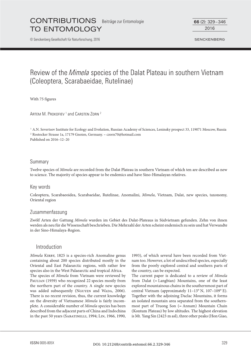 Review of the Mimela Species of the Dalat Plateau in Southern Vietnam (Coleoptera, Scarabaeidae, Rutelinae)