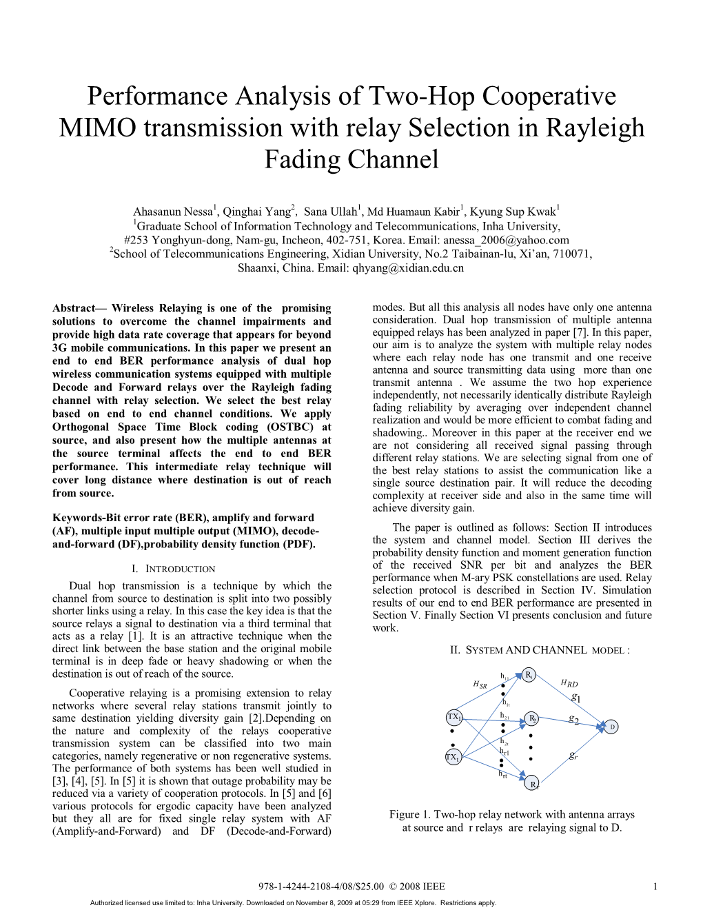 Performance Analysis of Two-Hop Cooperative MIMO Transmission with Relay Selection in Rayleigh Fading Channel