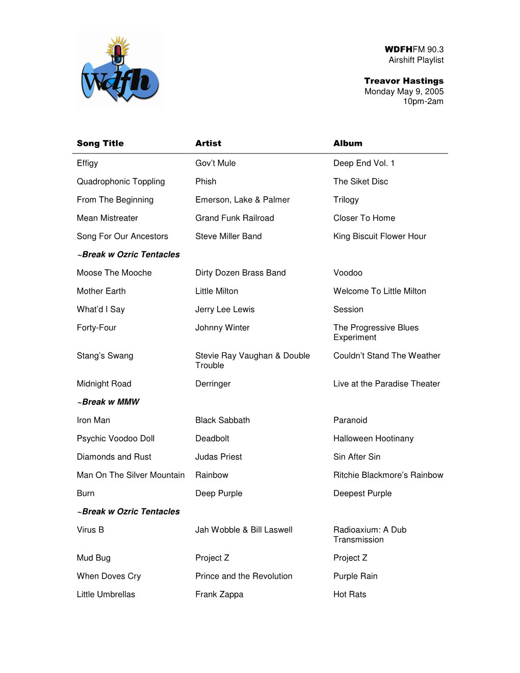 W DFHFM 90.3 Airshift Playlist Treavor Hastings Monday May 9