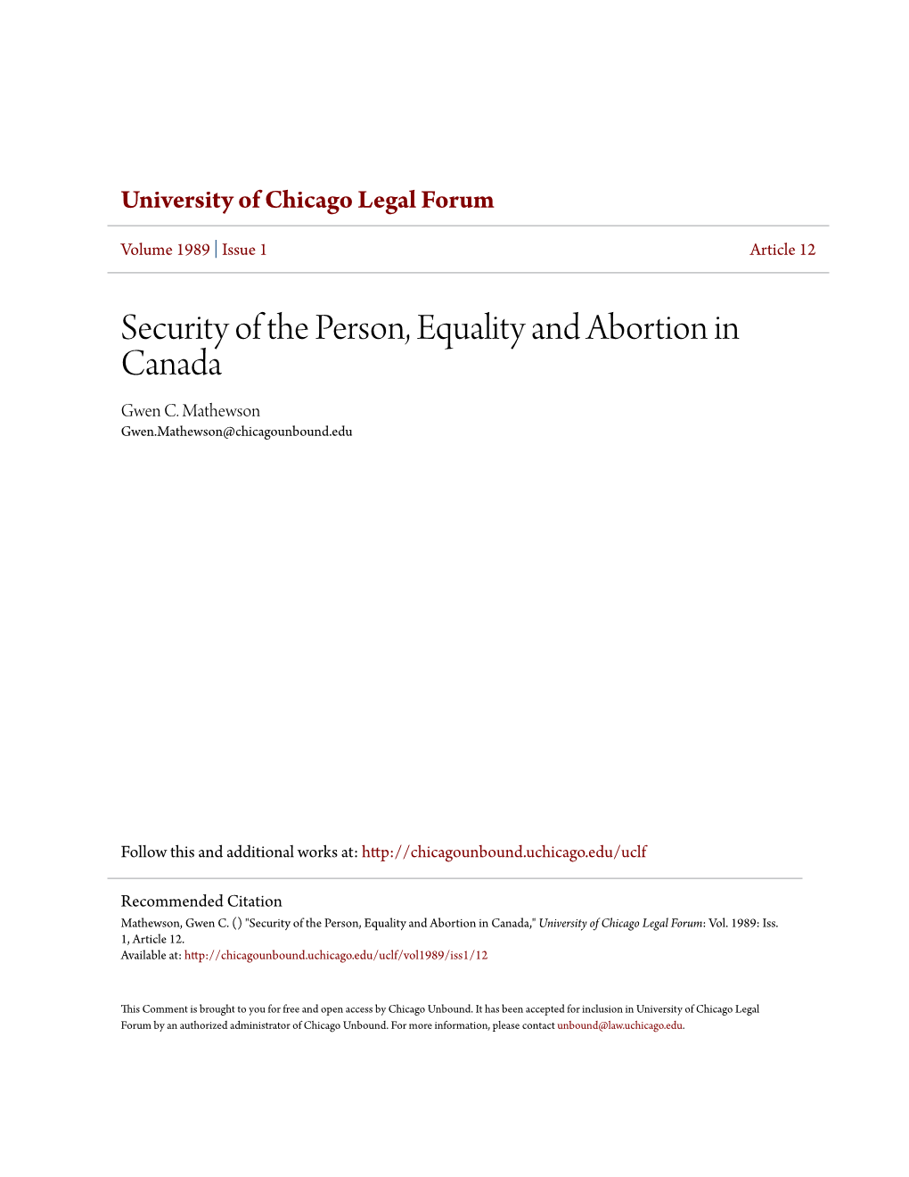 Security of the Person, Equality and Abortion in Canada Gwen C