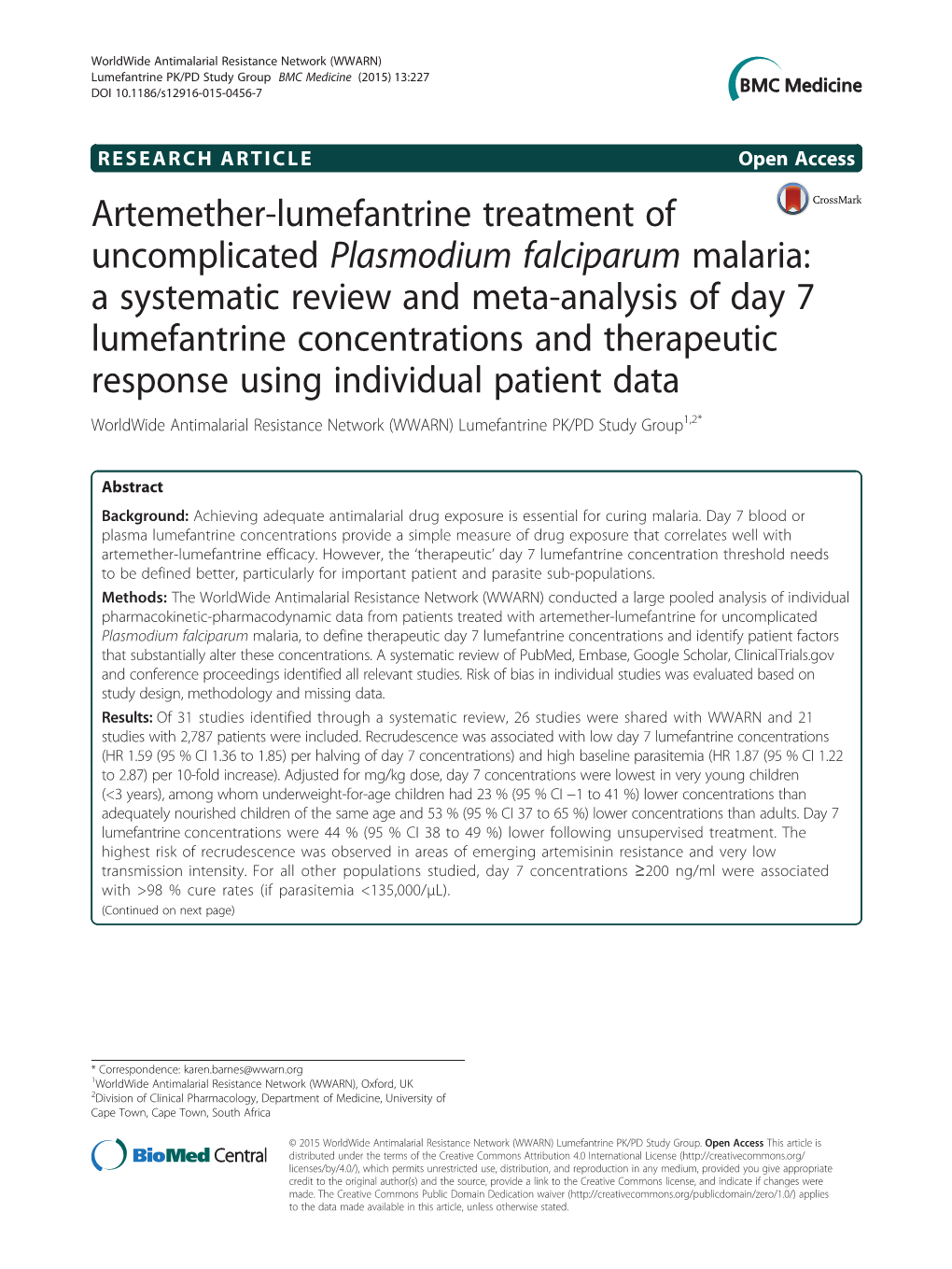 Artemether-Lumefantrine Treatment of Uncomplicated Plasmodium Falciparum Malaria: a Systematic Review and Meta-Analysis of Day 7