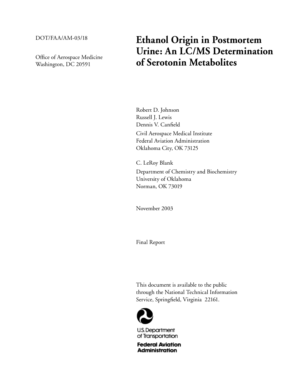 Ethanol Origin in Postmortem Urine: an LC/MS Determination Office of Aerospace Medicine Washington, DC 20591 of Serotonin Metabolites