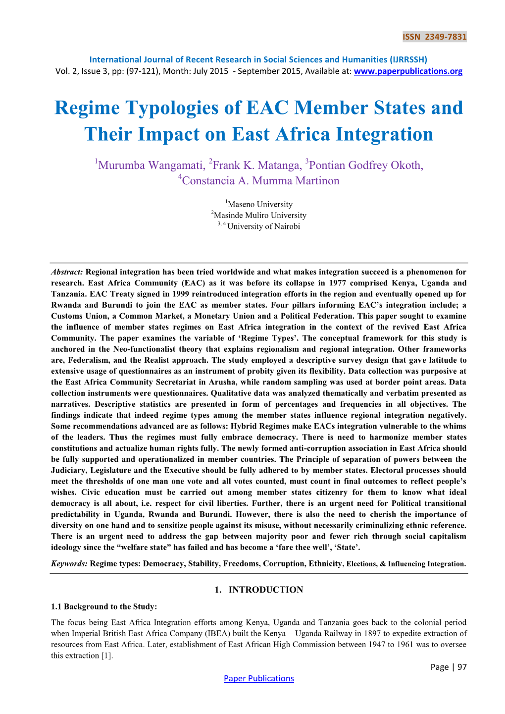 Regime Typologies of EAC Member States and Their Impact on East Africa Integration