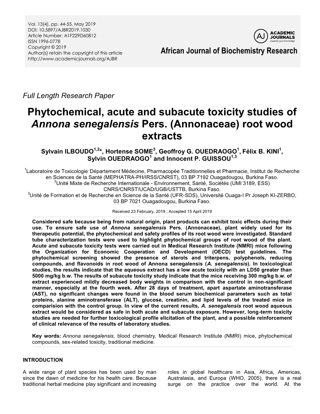 Phytochemical, Acute and Subacute Toxicity Studies of Annona Senegalensis Pers