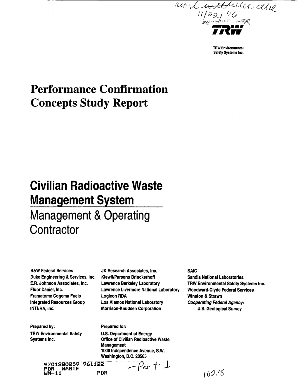 Performance Confirmation Concepts Study Report