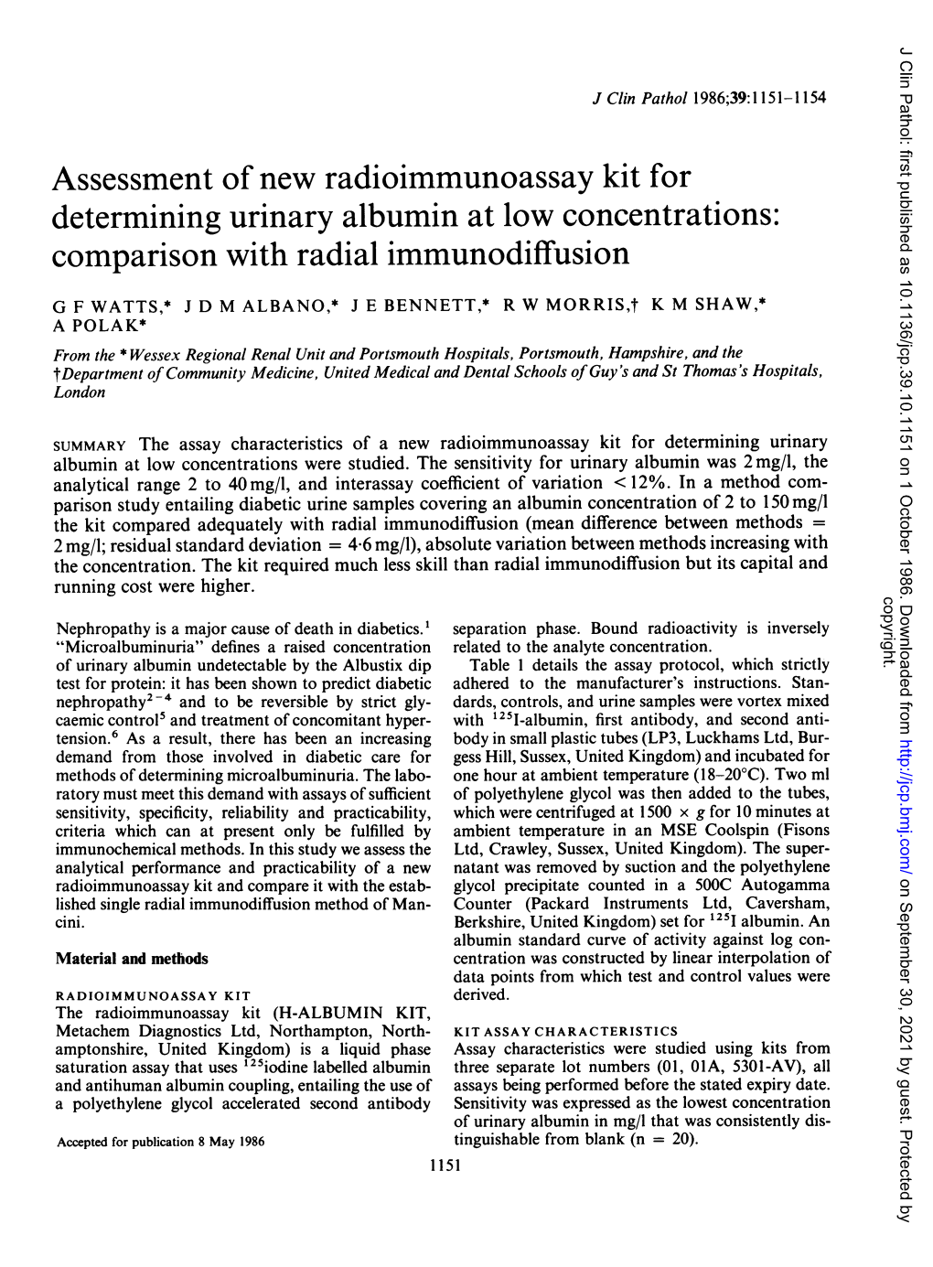 Assessment of New Radioimmunoassay Kit for Determining Urinary Albumin at Low Concentrations: Comparison with Radial Immunodiffusion