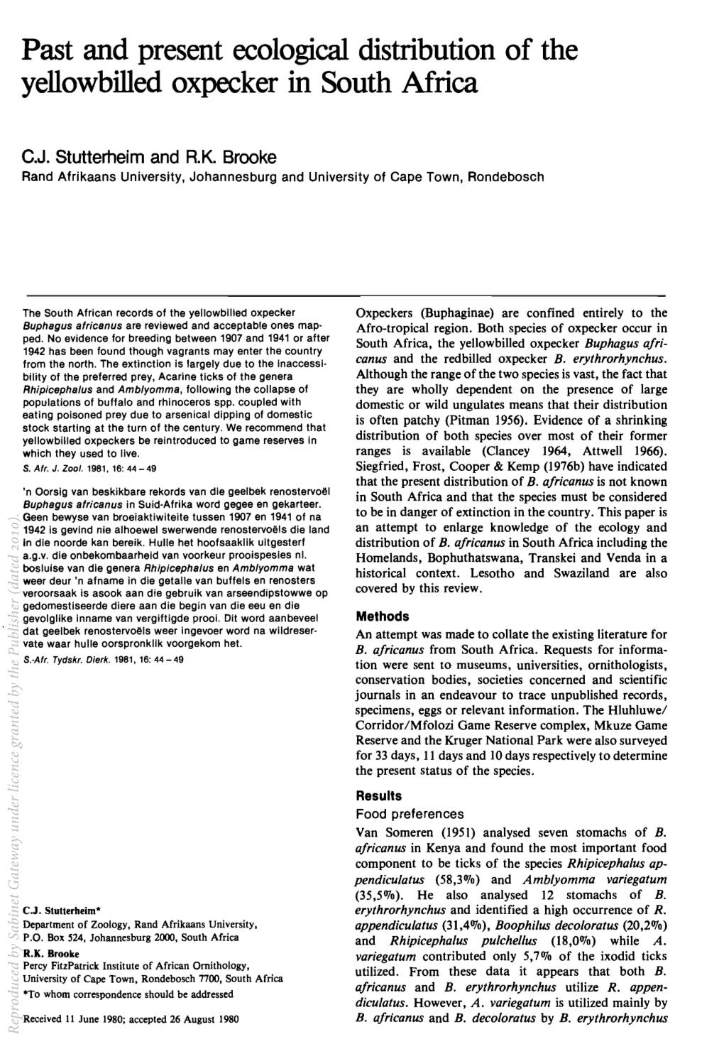 Past and Present Ecological Distribution of the Yellowbilled Oxpecker in South Africa