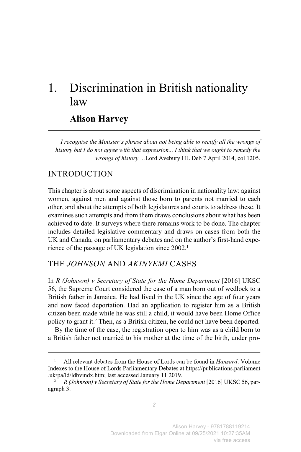 1. Discrimination in British Nationality Law Alison Harvey