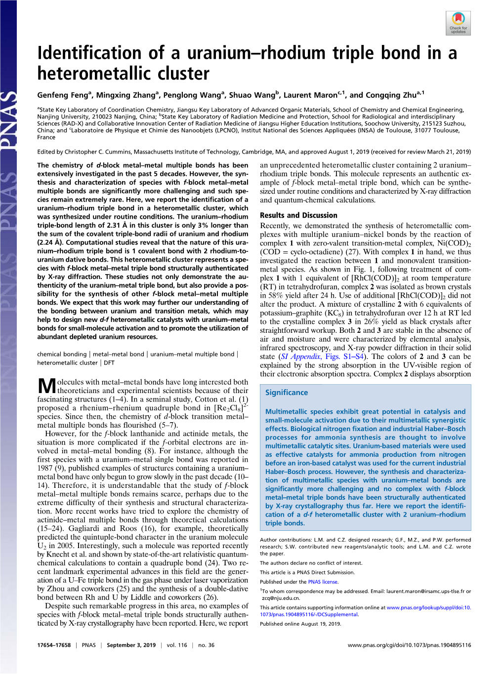 Identification of a Uranium–Rhodium Triple Bond in a Heterometallic Cluster