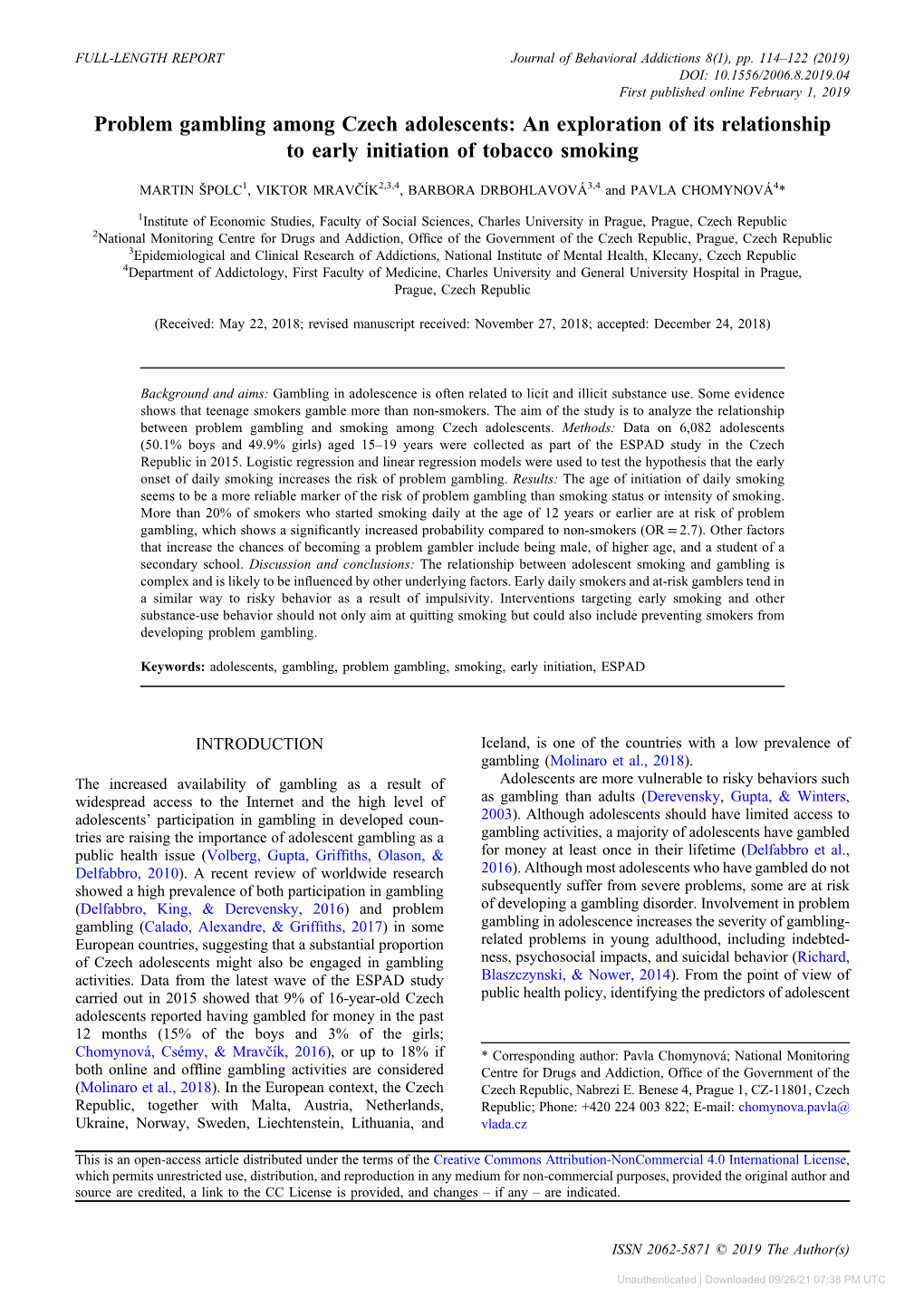 Problem Gambling Among Czech Adolescents: an Exploration of Its Relationship to Early Initiation of Tobacco Smoking