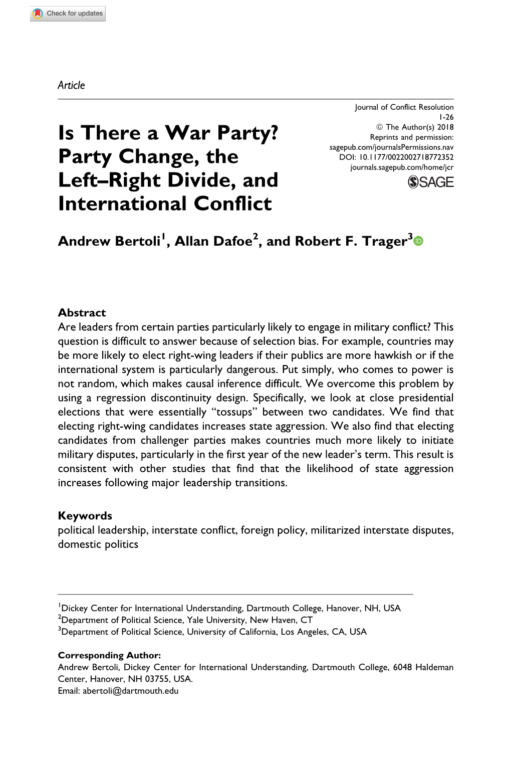 Party Change, the Left–Right Divide, and International Conflict
