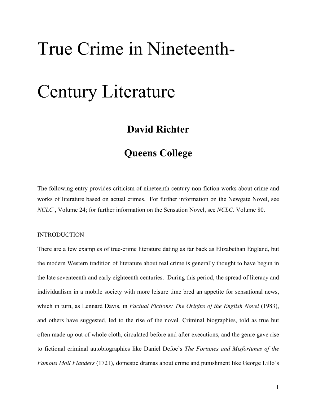 True Crime in Nineteenth- Century Literature