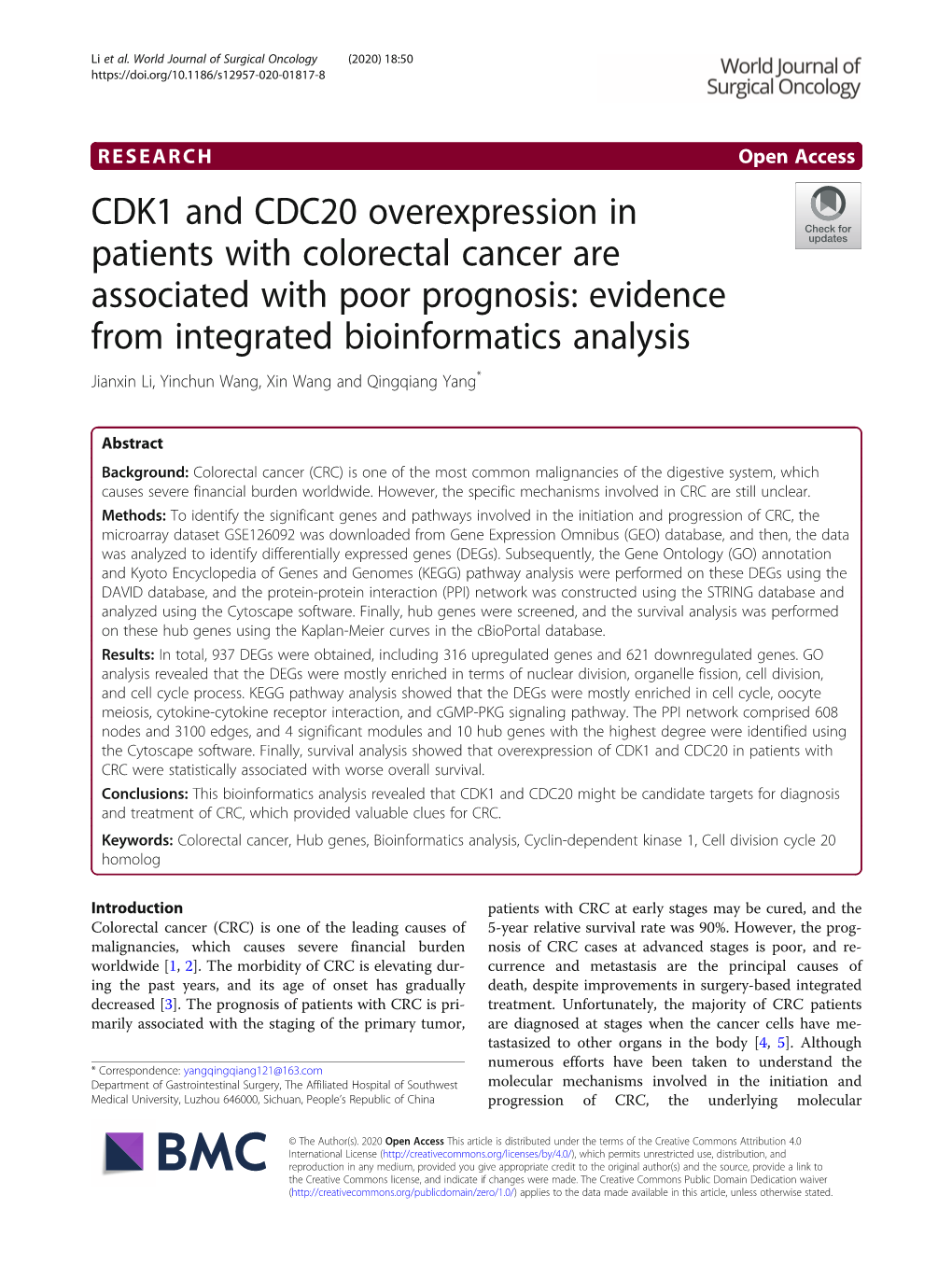 CDK1 and CDC20 Overexpression in Patients with Colorectal Cancer Are