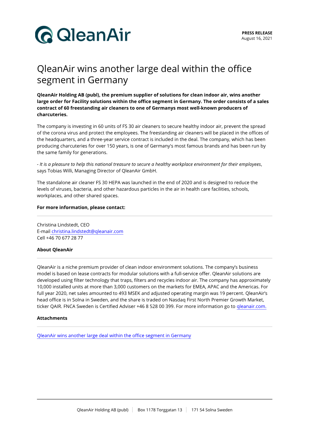 Qleanair Wins Another Large Deal Within the Office Segment in Germany