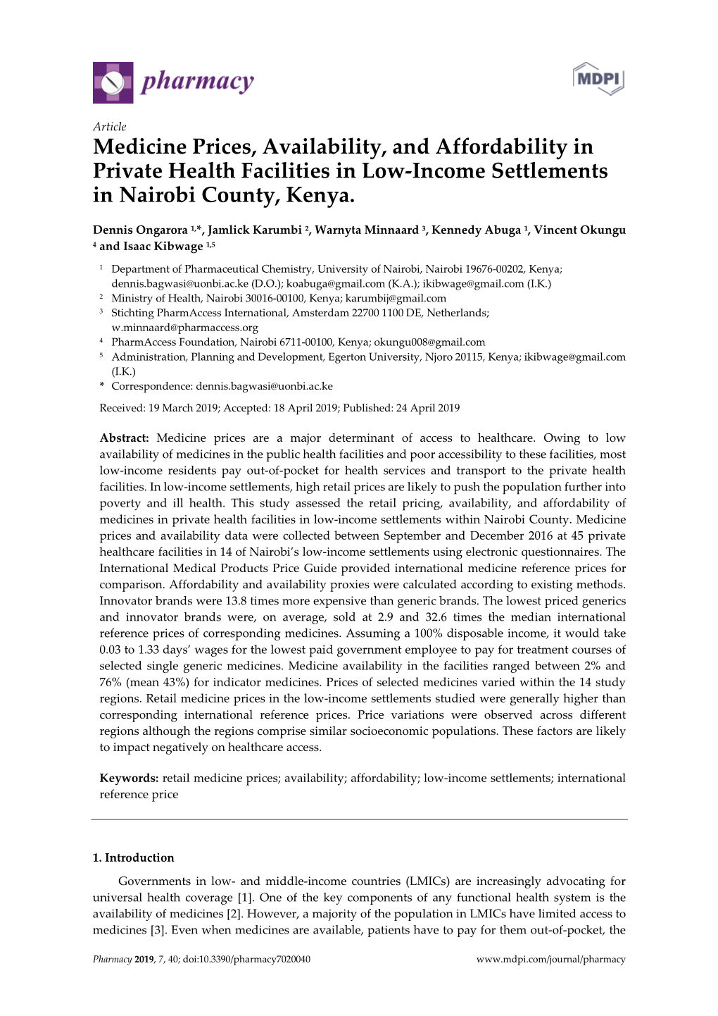 Medicine Prices, Availability, and Affordability in Private Health Facilities in Low-Income Settlements in Nairobi County, Kenya