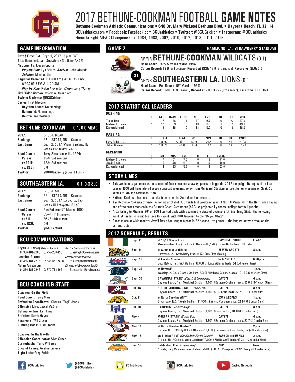 2017 BETHUNE-COOKMAN FOOTBALL GAME NOTES Bethune-Cookman Athletic Communications • 640 Dr