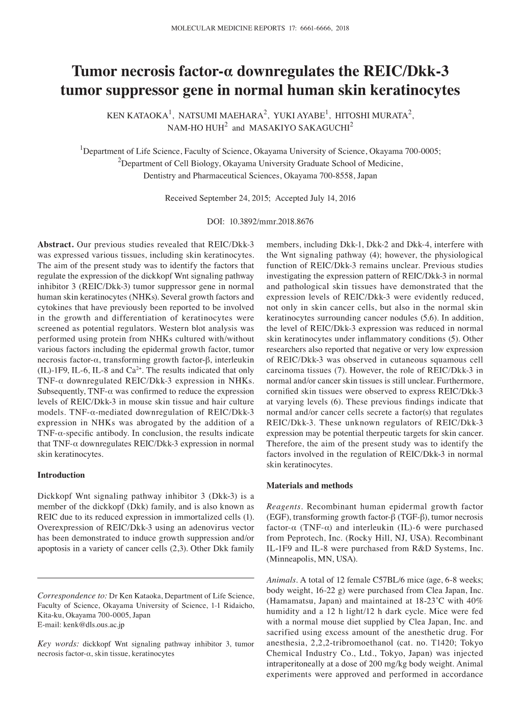 Tumor Necrosis Factor-Α Downregulates the REIC/Dkk-3 Tumor Suppressor Gene in Normal Human Skin Keratinocytes