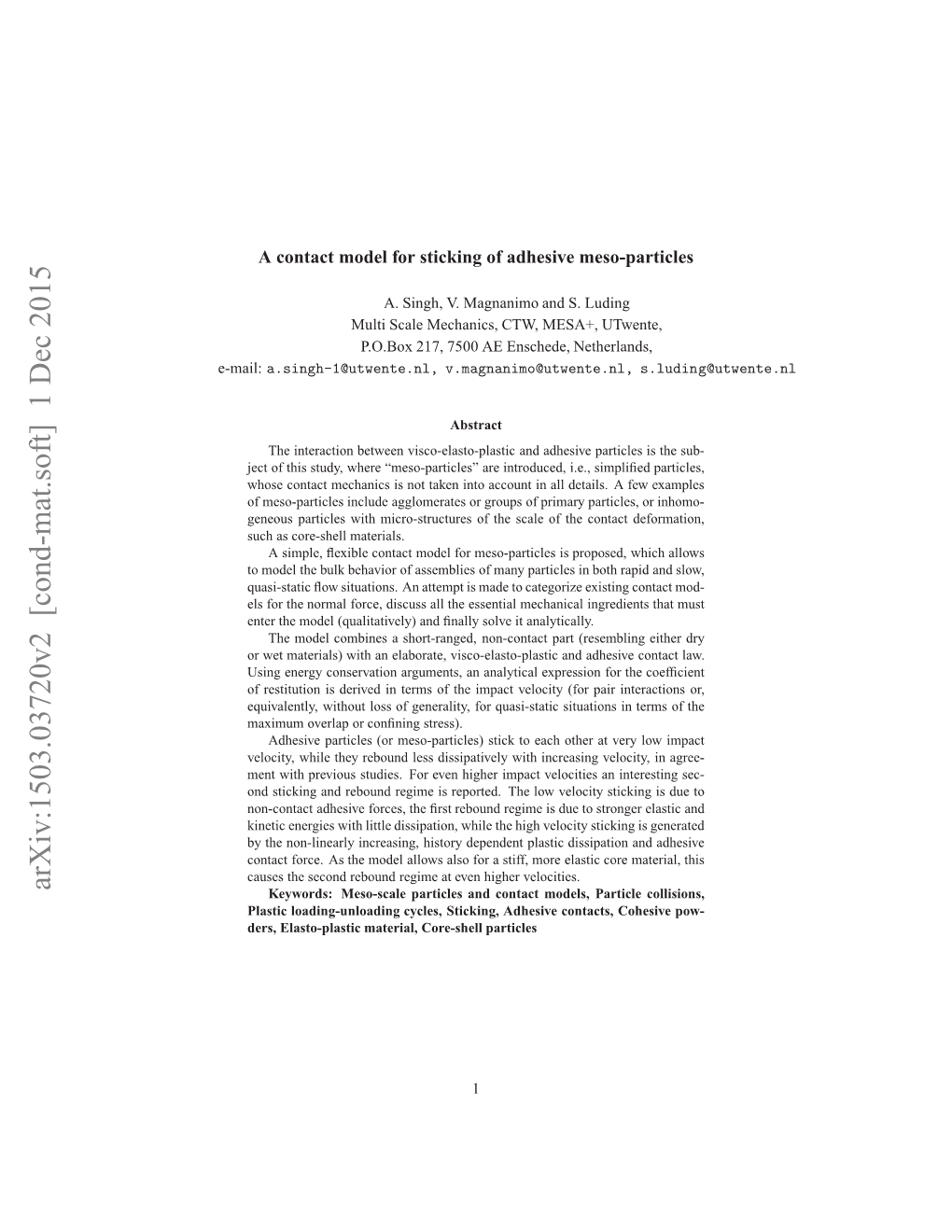 A Contact Model for Sticking of Adhesive Meso-Particles