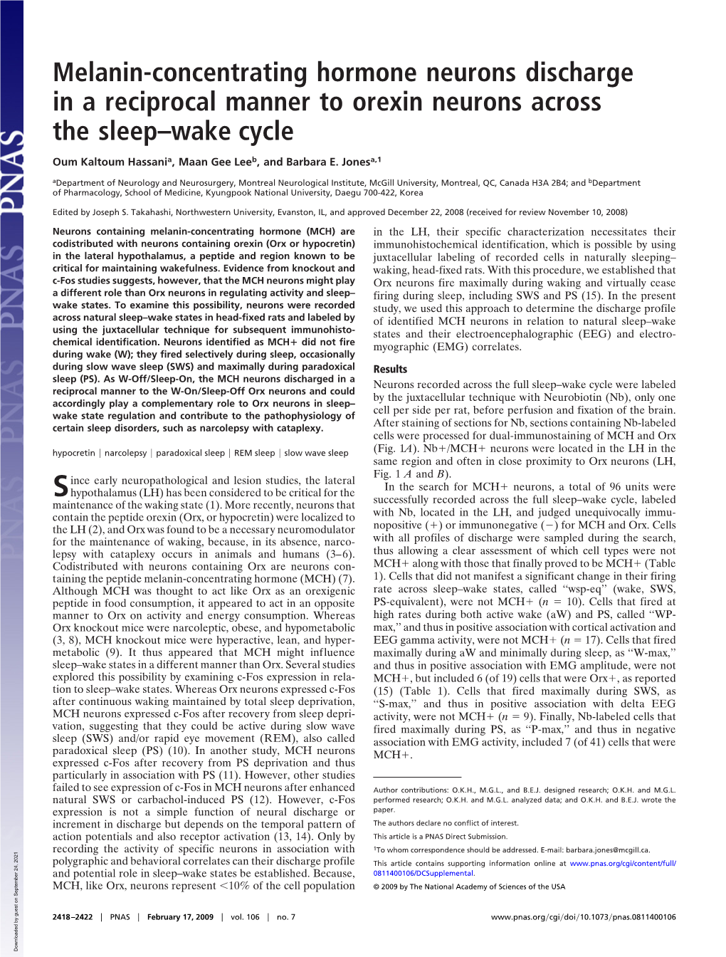 Melanin-Concentrating Hormone Neurons Discharge in a Reciprocal Manner to Orexin Neurons Across the Sleep–Wake Cycle