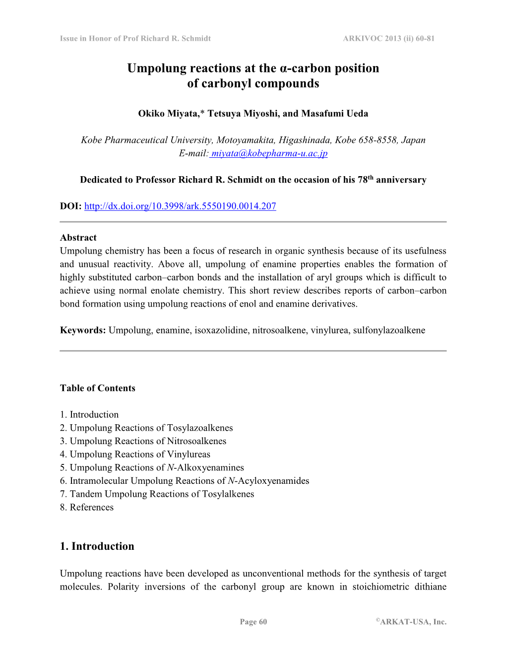 Umpolung Reactions at the Α-Carbon Position of Carbonyl Compounds