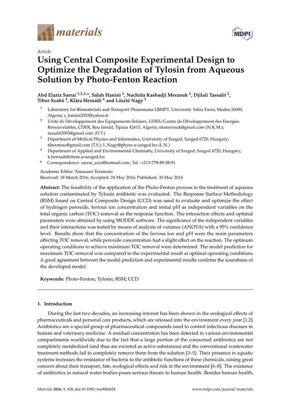 Using Central Composite Experimental Design to Optimize the Degradation of Tylosin from Aqueous Solution by Photo-Fenton Reaction