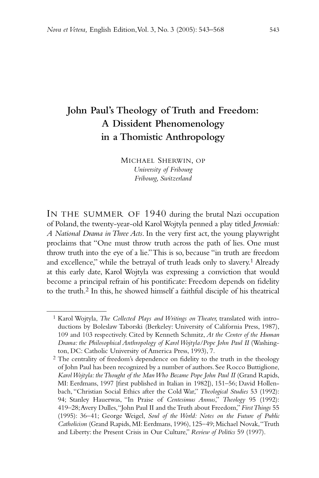 John Paul's Theology of Truth and Freedom