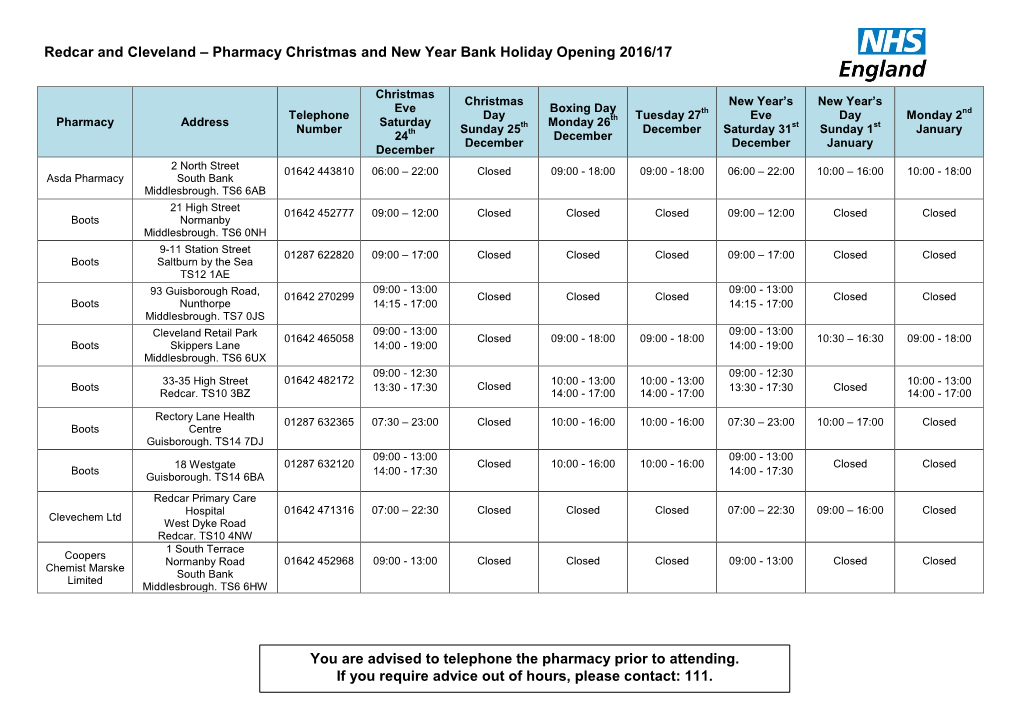 Redcar and Cleveland – Pharmacy Christmas and New Year Bank Holiday Opening 2016/17