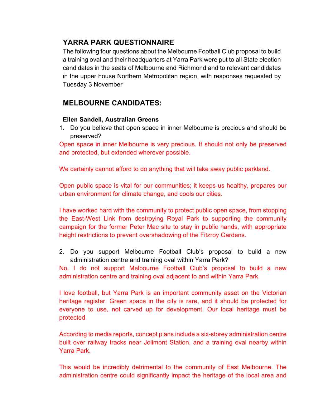 Yarra Park Questionnaire Melbourne Candidates