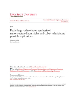 Facile Large Scale Solution Synthesis of Nanostructured Iron, Nickel and Cobalt Telluride and Possible Applications Sungbum Hong Iowa State University