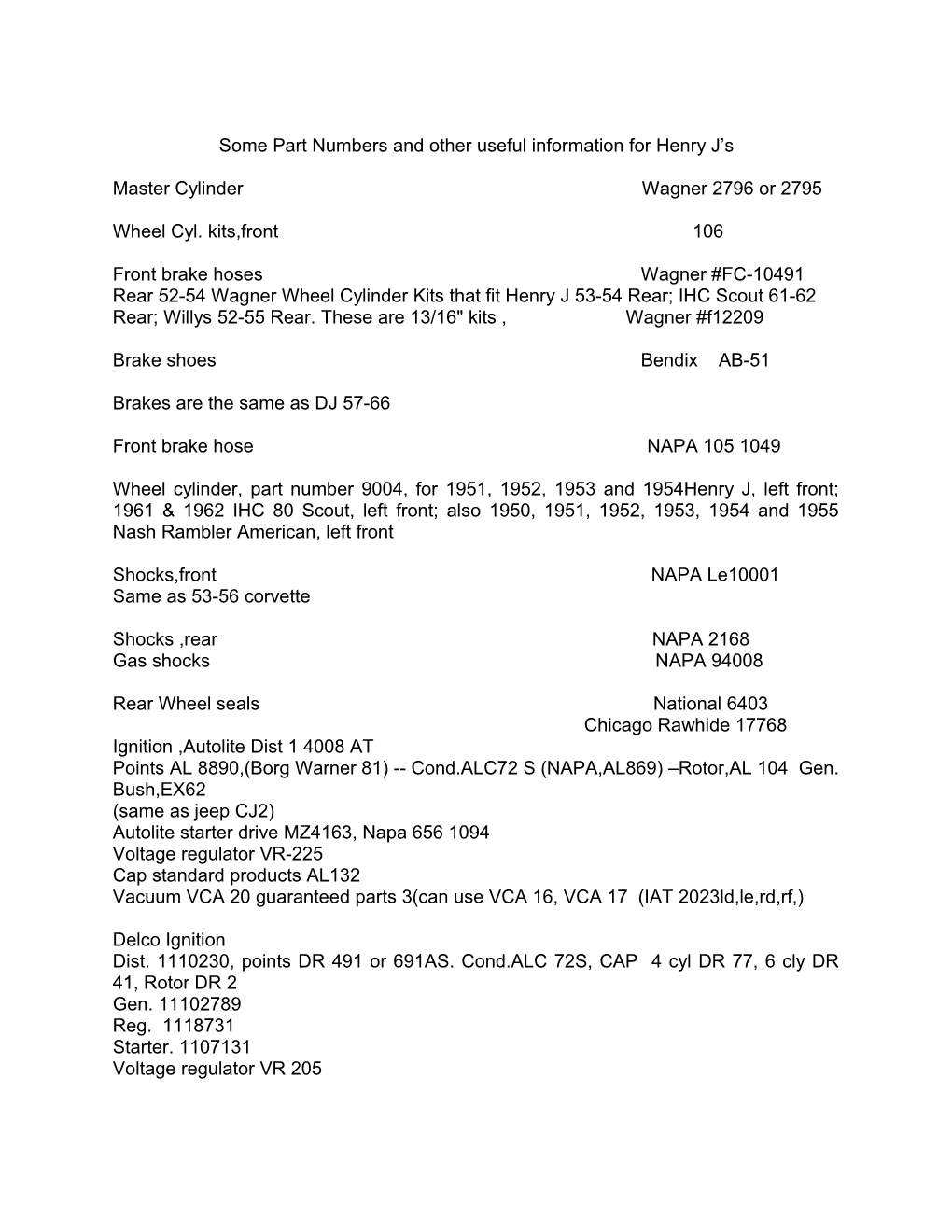 Some Part Numbers for Henry J