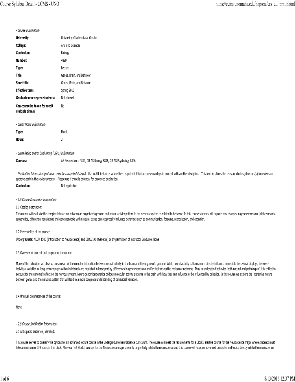 Course Syllabus Detail - CCMS - UNO