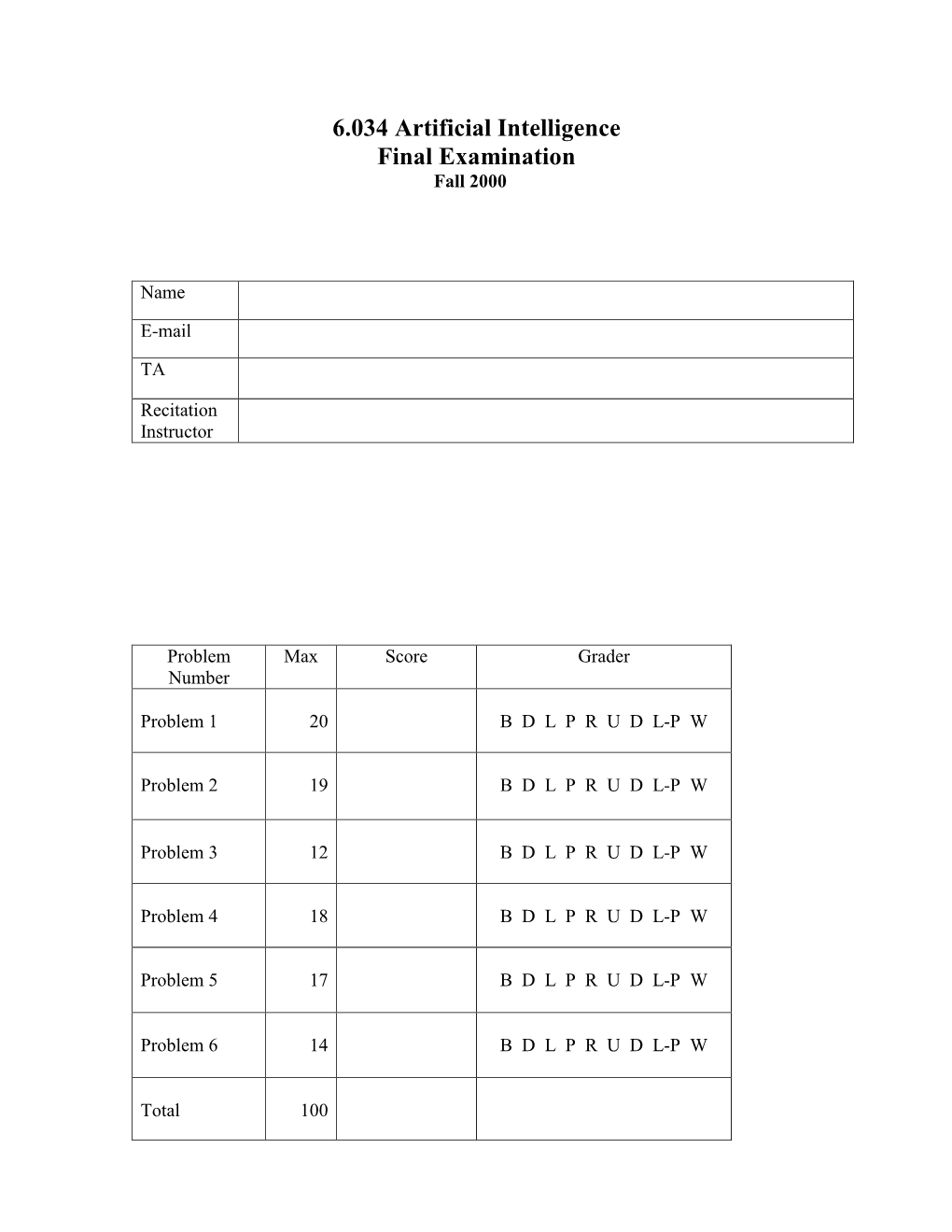 6.034 Artificial Intelligence Final Examination Fall 2000