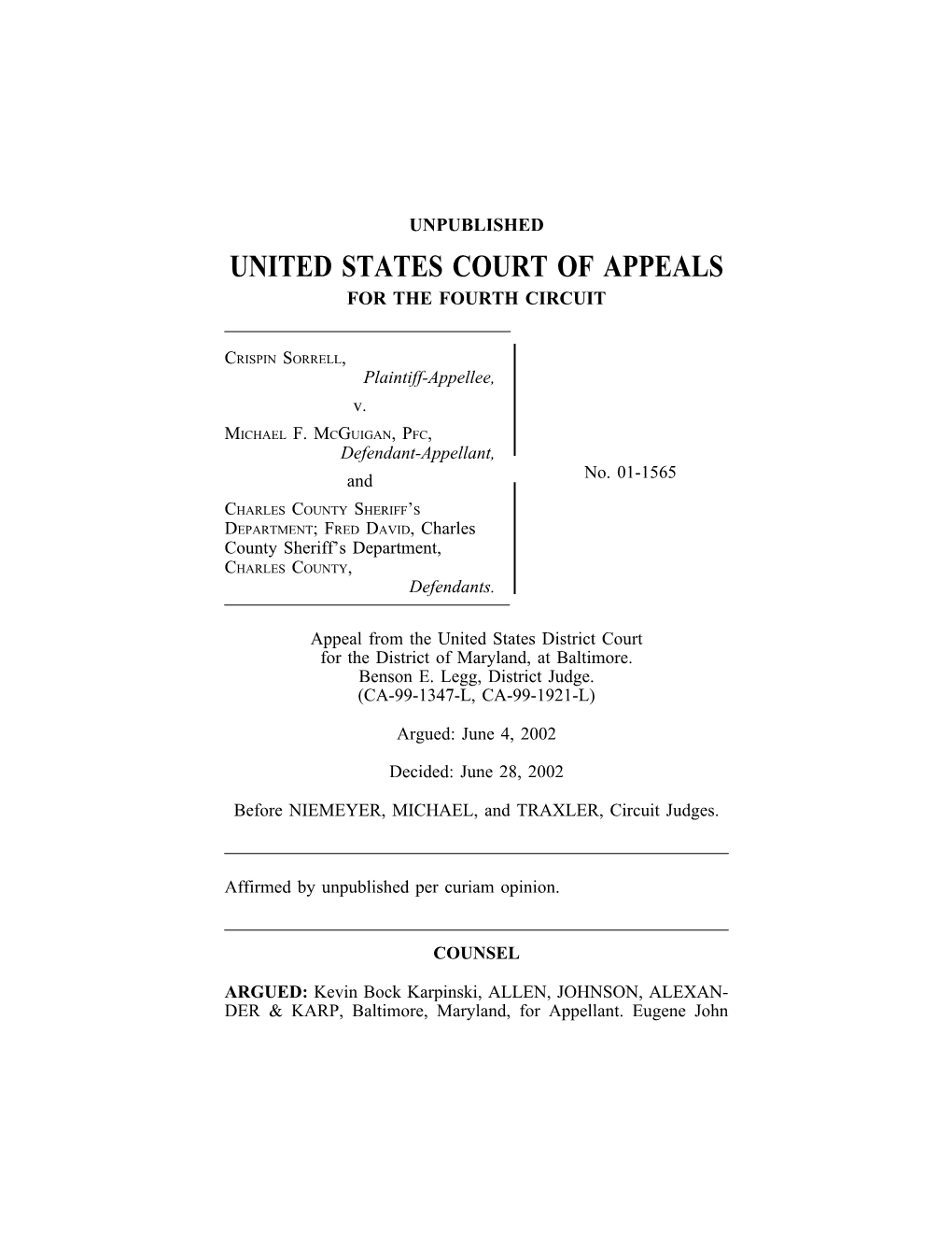 SORRELL V. MCGUIGAN Yannon, Annapolis, Maryland, for Appellee