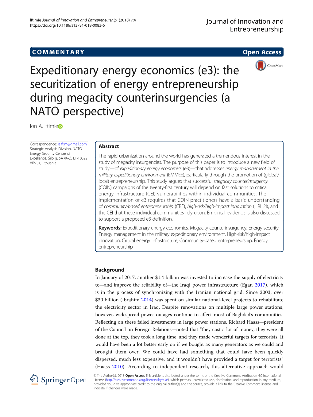 Expeditionary Energy Economics (E3): the Securitization of Energy Entrepreneurship During Megacity Counterinsurgencies (A NATO Perspective) Ion A