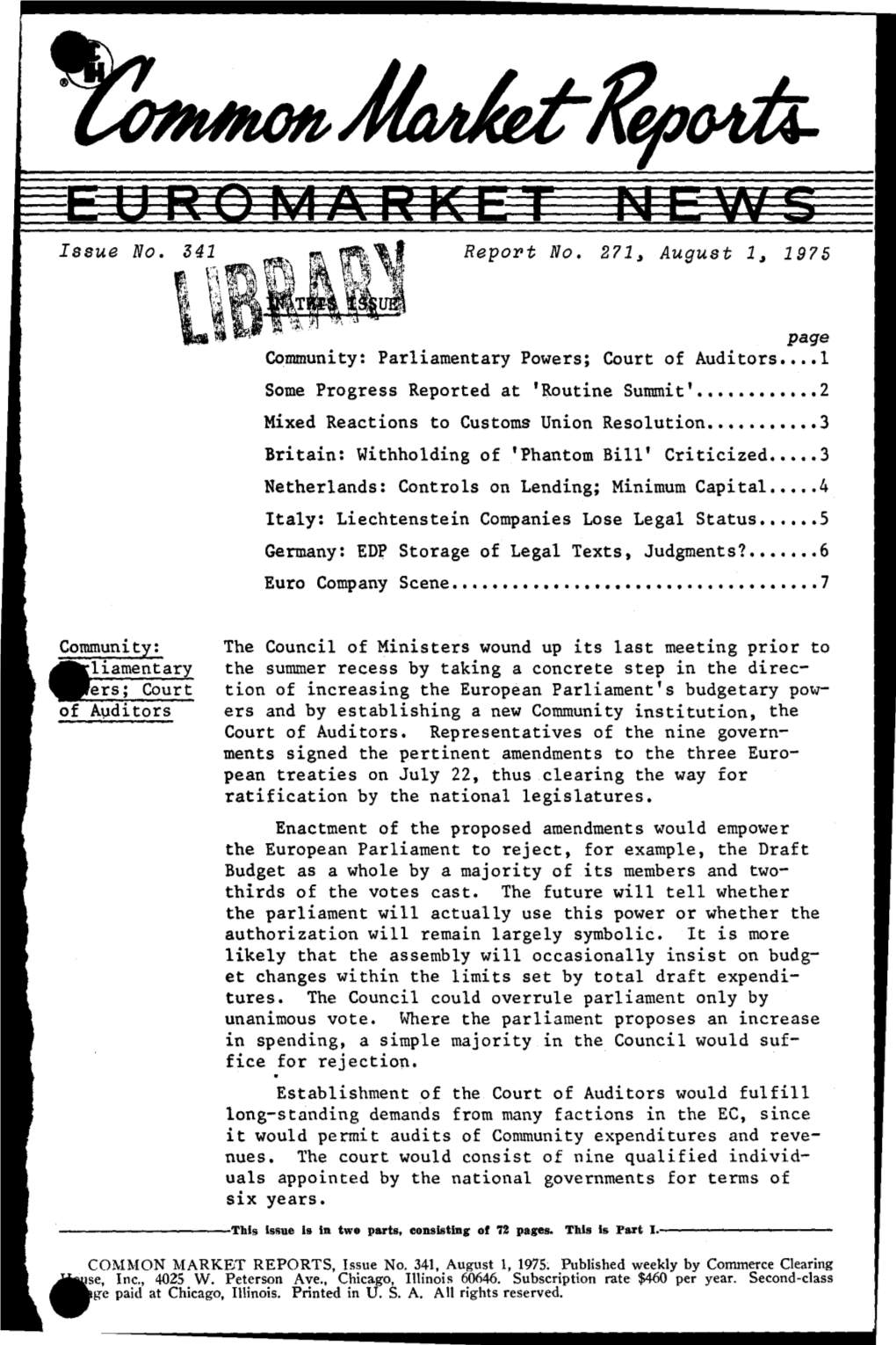 Issue No. 341 Repo~T No. 271, August 1, 1975