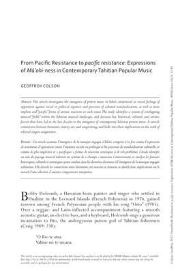 Expressions of Mā'ohi-Ness in Contemporary Tahitian Popular Music