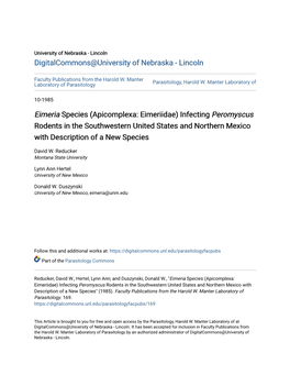 Eimeria Species (Apicomplexa: Eimeriidae) Infecting Peromyscus Rodents in the Southwestern United States and Northern Mexico with Description of a New Species