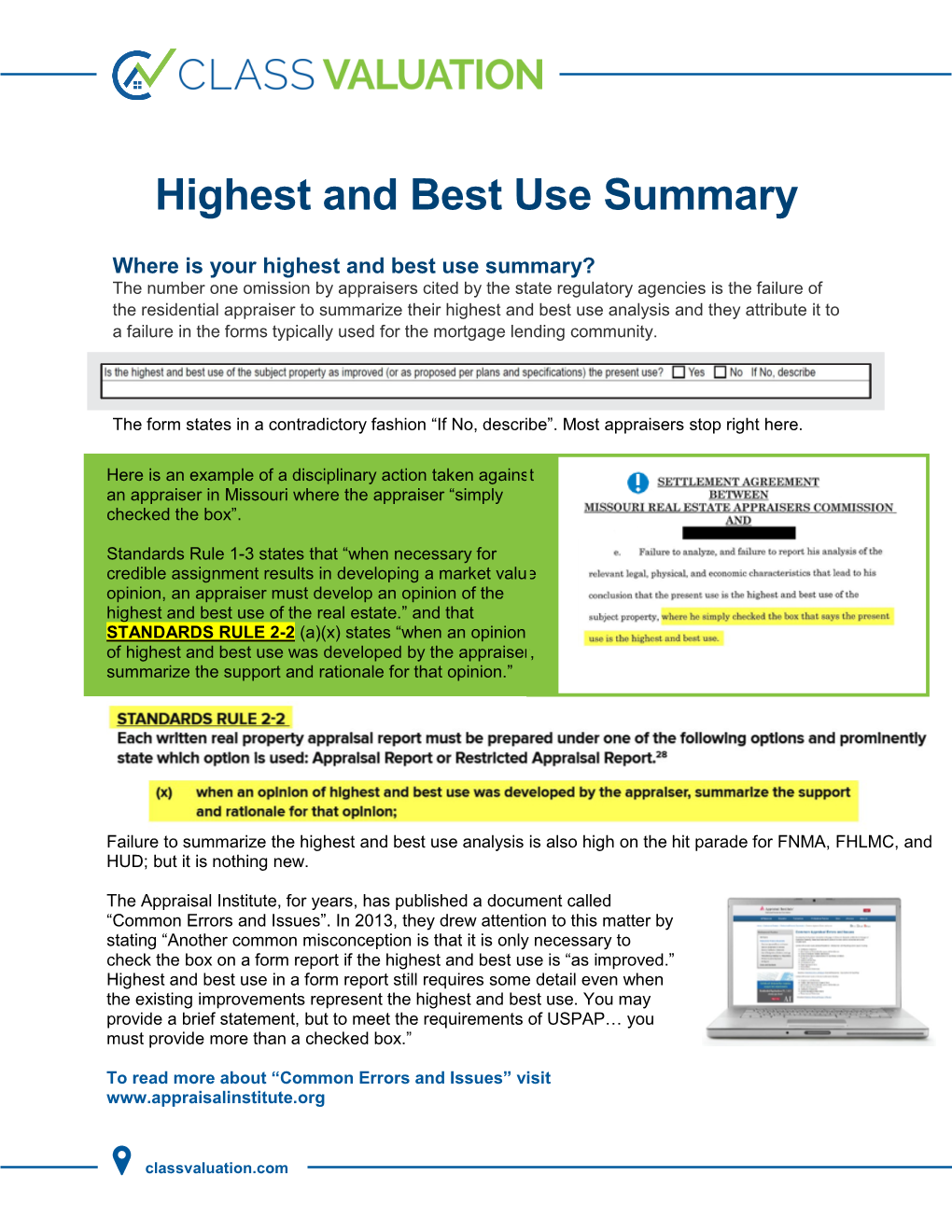 Highest and Best Use Summary