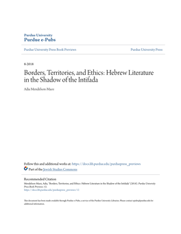 Borders, Territories, and Ethics: Hebrew Literature in the Shadow of the Intifada Adia Mendelson-Maoz